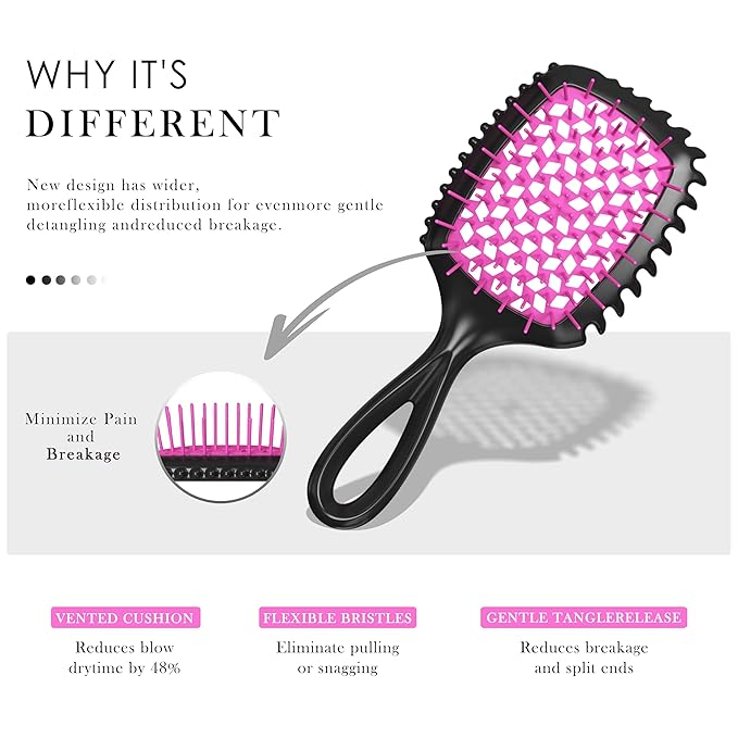 Detangler Brush – 2 Pack Vented Hair Brush for Wet/Dry Hair – Easy, Pain-Free Detangler Brush Reduces Knots & Breakage – For Curly, Straight, Thick or Fine Hair – Women, Men & Kids (Pink+Purple)