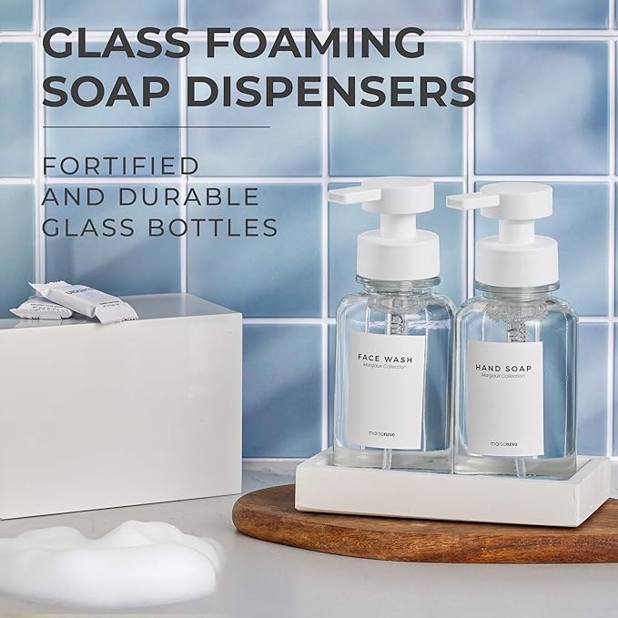 MaisoNovo Glass Foaming Soap Dispenser 14 Oz | Clear Glass White Pumps x 2 with Ceramic Tray