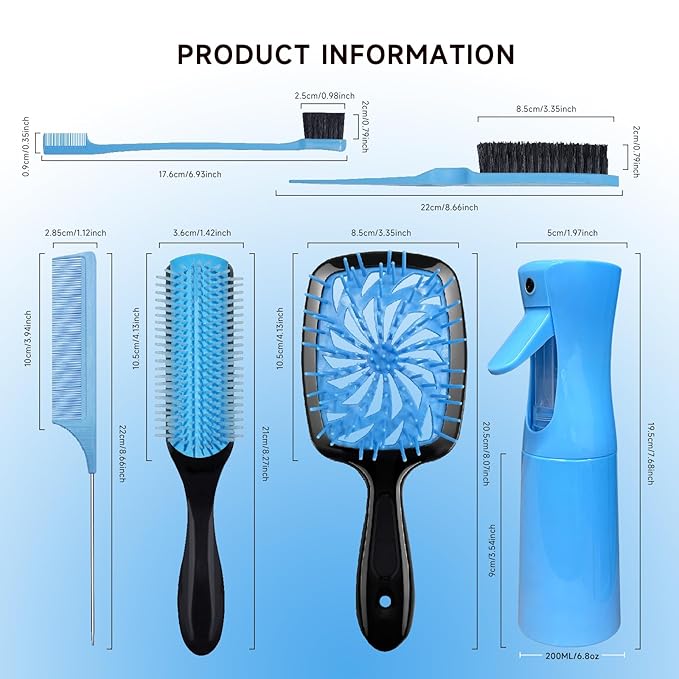 11 Pcs Hair Brush Set, Detangle Hair Brush And Spray Bottle, 3 Pieces Smooth Hairbrush For Toddlers, Suitable For Wet and Dry Hairstyles, Suitable For Adults And Children.(Blue)