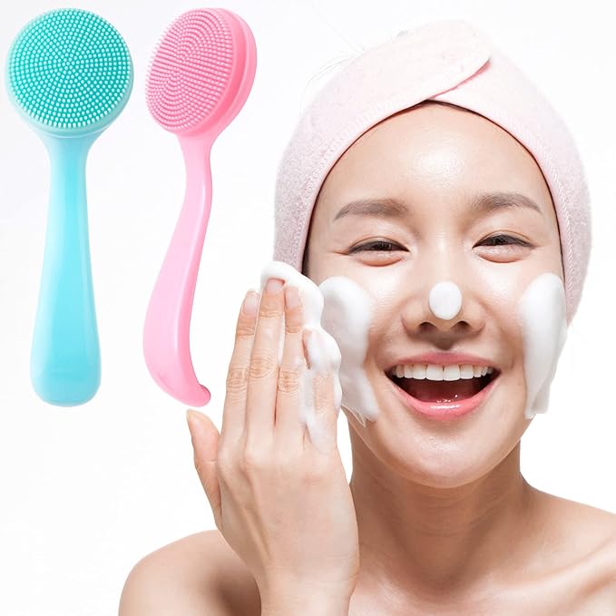 2 Pack Silicone Manual Facial Cleansing Brush, Skin Friendly Waterproof Face Cleaning Scrubber Exfoliator Cleanser for Blackheads Whiteheads Makeup Residues Removal- Blue & Pink