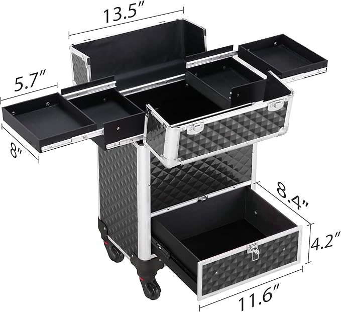 Yaheetech Rolling Makeup Train Case Aluminum Cosmetic Case with Wheels Barber Case Salon Lockable Travel Trolley with Sliding Drawers Removable Divider, Black/Silver