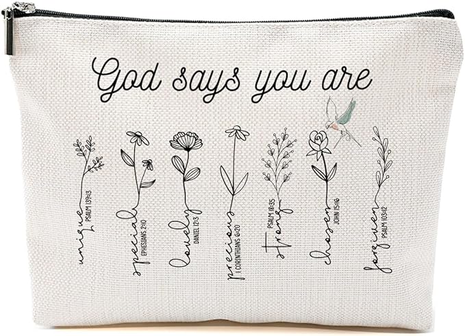 God Says You Are Cosmetic Bag,Christian Inspirational Makeup Bag- Bible Verse Floral Cosmetic Pouch with Faith Affirmations,Durable Canvas Travel Toiletry Organizer,Sister Gifts,Affirmations Gifts