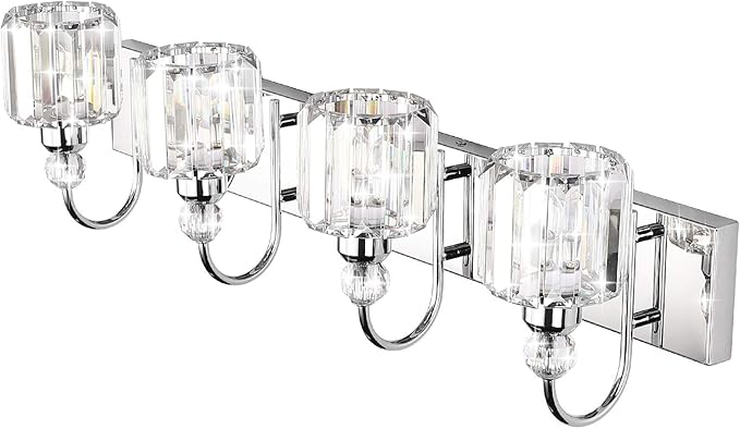 Ralbay Modern LED Crystal Bathroom Vanity Lights 4-Lights Stainless Steel Crystal Vanity Lights Over Mirror Modern Crystal Bathroom Vanity Lighting Fixtures