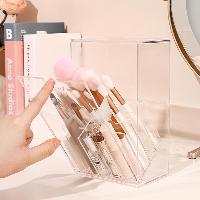 Acrylic Makeup Brush Holder with Slanted Flip-Top Lid - Clear Dustproof Cosmetic Make up Brush Organizer and Storage Box - Large Capacity 17-Slots Container for Vanity Brushes (Transparent)