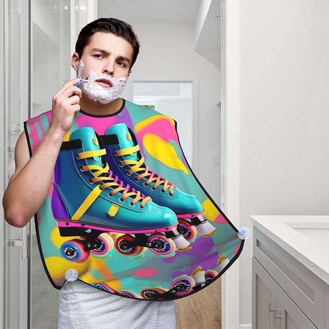 Retro Colorful Roller Skates Print Beard Bib Apron For Men, Beard Hair Catcher For Men Shaving Trimming,Beard Cape Cloth