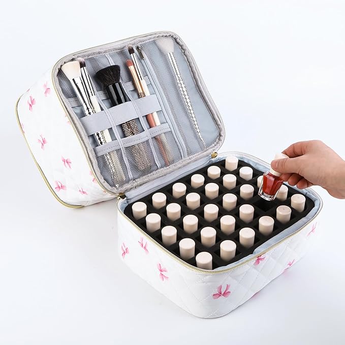 hibear Nail Supplies Organizer Nail Polish Storage Holds 30 BottlesNail Polish Storage Holds 30 Bottles Nail Kit Case Makeup Bag Vanity Case for Women (bow-3)