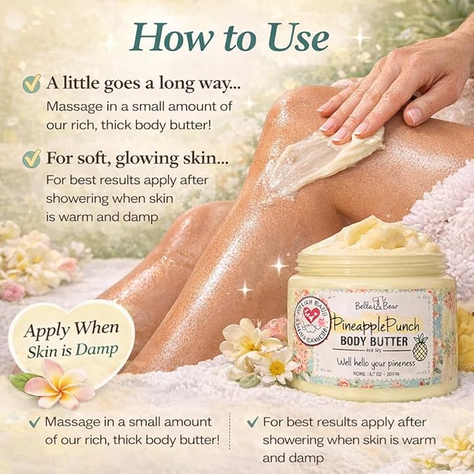 Bella & Bear Pineapple Whipped Body Butter – Vegan Moisturizing Body Cream for Women – Rich Hydrating Skin Butter – Light Tropical Pineapple Scent