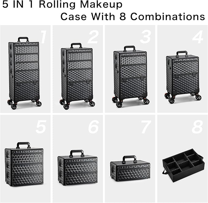 5 in 1 Makeup Train Case, Cosmetology Case on Wheels Travel Make up Case Rolling Nail Cart Makeup Organizer Cosmetic Storage Box Cases Extra Large Trolley Truck with 360° Swivel Wheels, Black