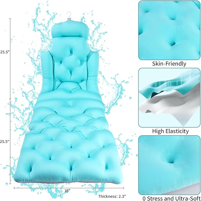Full Body Bath Pillow, 51"x16" Thick Bathtub Cushion with Laundry Bag, Neck & Back Support Pillow for Bathtub, Ocean Blue