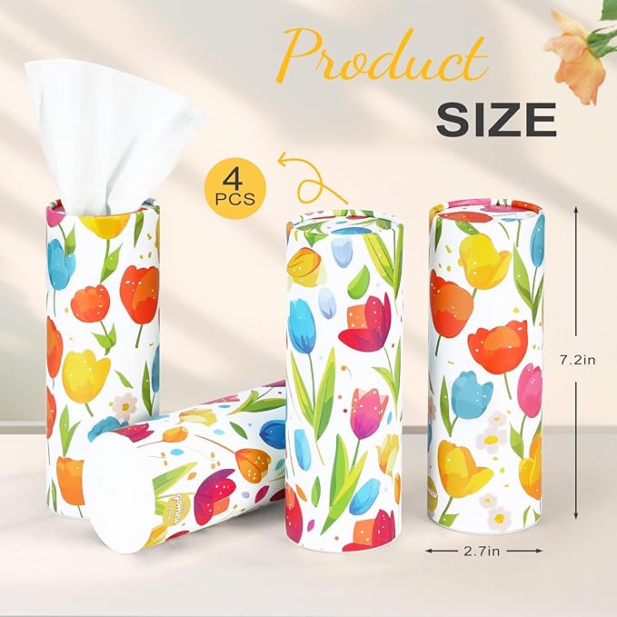 Car Tissue Holder (4 PK) - 50 3-Ply Tissues per Cylinder, Fits Car Cup Holders, Portable Travel Tubes Box Container, Tulip Design, Round Tissue Container for Car Accessories