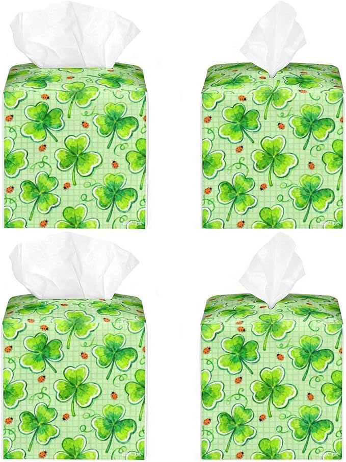 Lucky Clover Tissue Box Cover St. Patrick's Day Leather Tissue Box Holder Square Facial Paper Organizer Dispenser for Bathroom Kitchen Bedroom Vanity Countertop Night Stands