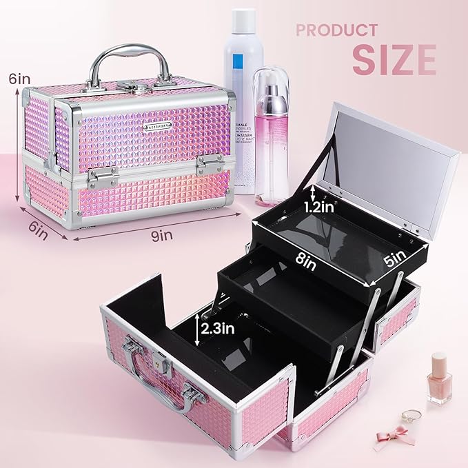 FRENESSA Makeup Train Case Makeup Box Organizer Portable Cosmetic Travel Case Makeup Case with Mirror Locking Make Up Cases Organizers and Storage for Nail Supplies Hard Cosmetic Box Shiny Pink