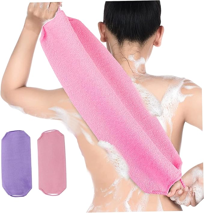 Back Scrubber Exfoliating Shower Back Washers Bath Body Scrubber Stretchable Pull Strap 2PCS and Purple washers for Shower