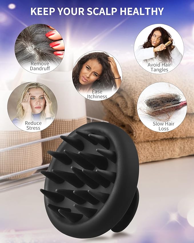 BEAUTLOHAS Silicone Scalp Massager Shampoo Brush, Shower Scrubber with Soft Bristles, Hair Growth & Dandruff Treatment, Wet/Dry Hair Massager for All Hair Types (Black)