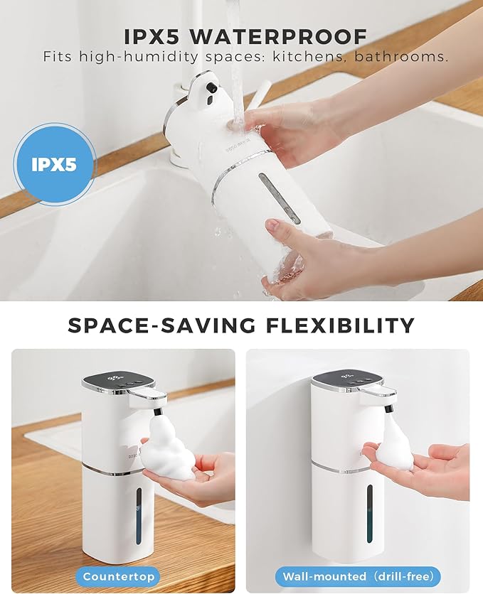 Automatic Foaming Soap Dispenser, 13.5oz/400mL, USB Rechargeable, 9-Adjustable Foam Levels, IPX5 Waterproof, Touchless & Wall/Tabletop Use for Kitchen Bathroom, White