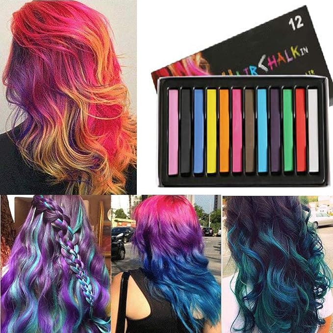Hair Chalk Stick Set, Halloween Christmas Birthday Cosplay and DIY, Non-toxic Temporary Washable Hair Color Chalk Girls Boys Teen Kids Gift, 12 Colors