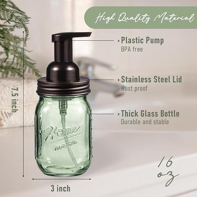 SheeChung 16 Oz Mason Jar Foaming Soap Dispenser, Stainless Steel Lid, BPA Free Pump, Green Glass Foam Hand Soap Dispenser, Refillable Liquid Foam Dispenser Bottle Bathroom Kitchen, Dish Soap-Bronze