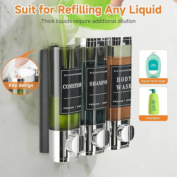 Shampoo and Conditioner Dispenser,Shower Dispenser 3 Chamber No Drill Wall-Mounted Shampoo Dispenser for Shower Wall Mounted Shower Soap Dispenser for Bathroom Hotel Large Capacity,Chrome1