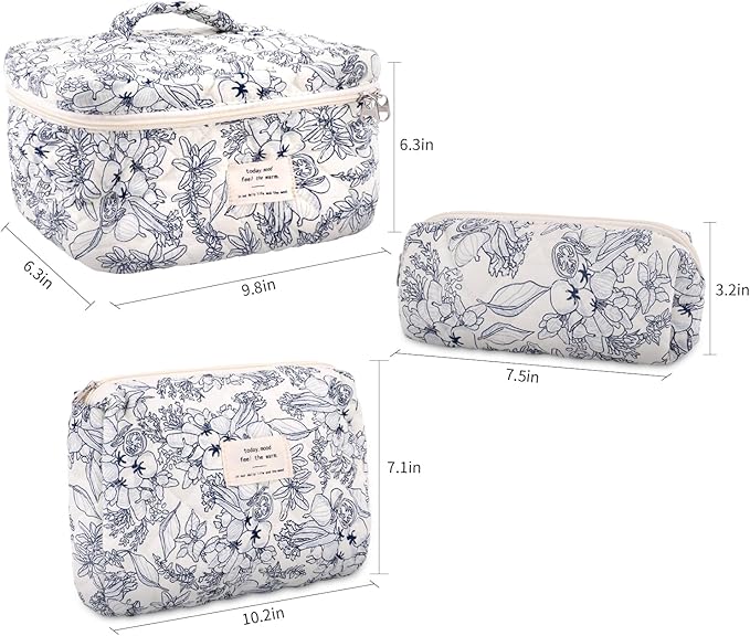 3Pcs Cotton Quilted Makeup Bag Large Travel Cosmetic Bag Coquette Makeup Pouch Cute Aesthetic Floral Toiletry Bag for Women Girls (flower-D)