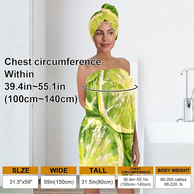 Women’s Citrus Bath Skirt and Hair Towel Wrap Set, Lightweight Absorbent Quick-Dry Shower Body Wrap with Elastic Closure, Soft Microfiber Spa Toweling Outfit for Bathroom, Gym & Travel (Citrus 4)