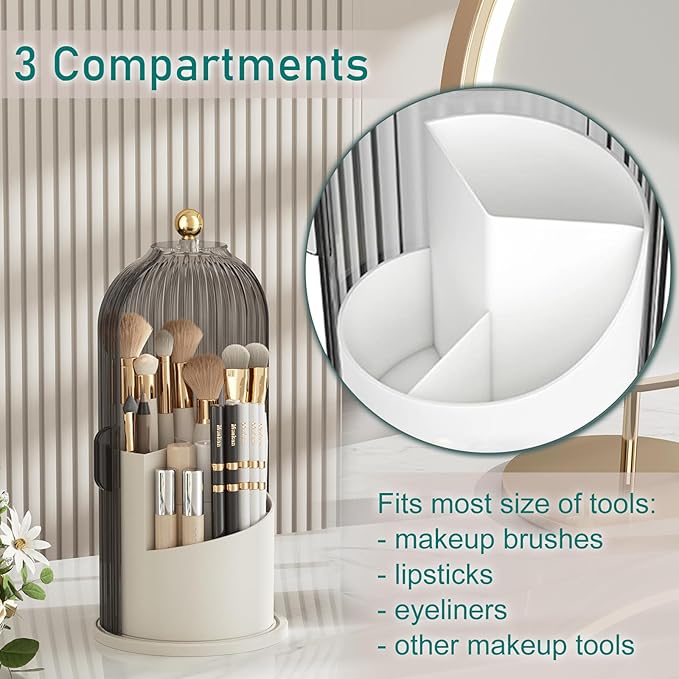 GAXmi Makeup Brush Holder with Lid Cosmetic Tools Organizer 360 Rotating Waterproof Dustproof Makeup Brushes Storage for Vanity, Grey