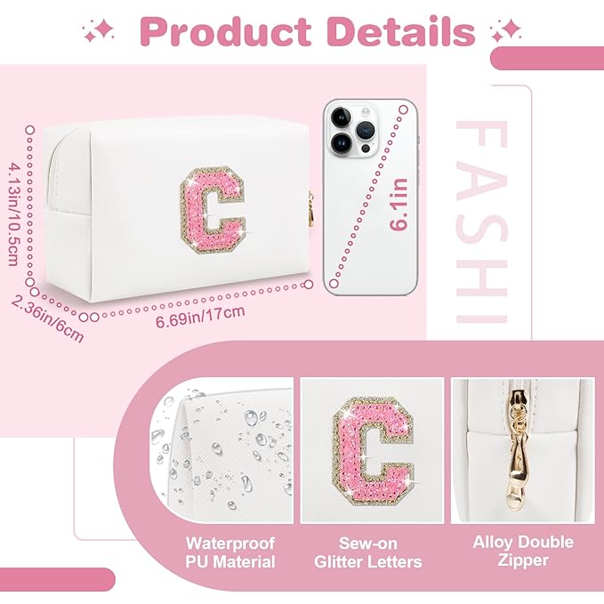 Small Initial Patch Makeup Bag Personalized Gifts Make Up Bag,White Cute PU Leather Glitter Letter Cosmetic Bag with Zipper,Trendy Portable Travel Toiletry Pouch,Preppy Stuff for Teen Girls Women C