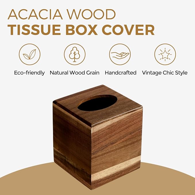 2 Pack Wood Tissue Box Cover， Acacia Wood Tissue Box Cover Square, Decorative Cube Facial Wooden Tissue Box Holder with Slide-Out Bottom for Bathroom, Bedroom, Dinner Table, Office, Kitchen