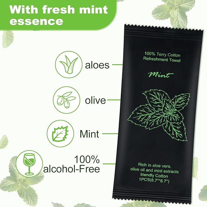 Moist Cotton Towel Bulk Moist Towelettes Individually Wrapped 8.7" x 8.7",White Towel Services,Refreshment Pre Moistened Towels for Travel Sport Party Spa Dentist (1 Count (Pack of 100), Mint)