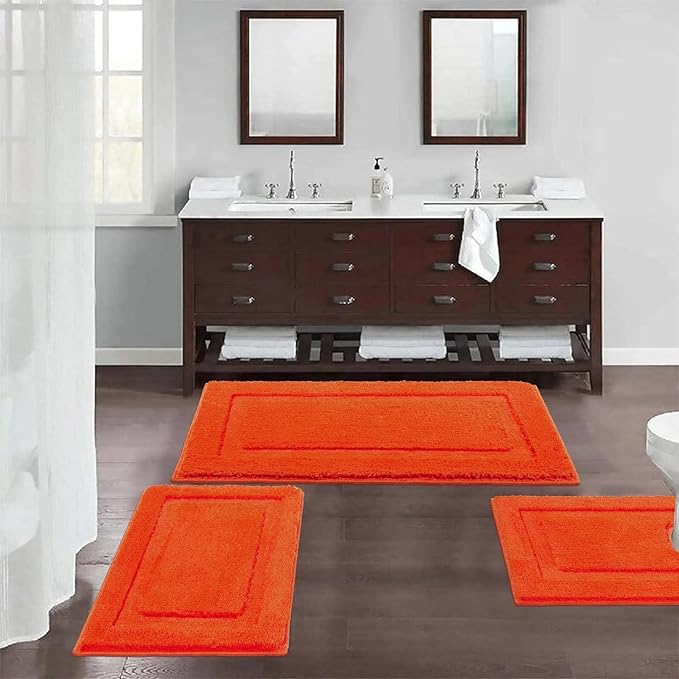 SHACOS Orange Fall Bathroom Rugs Sets 3 Piece, 20"x32" + 20"x47" Non Slip Bath Mat and 20"x24" Toilet Rugs U Shaped Washable, Soft Fluffy Water Absorbent Bathroom Floor Mat