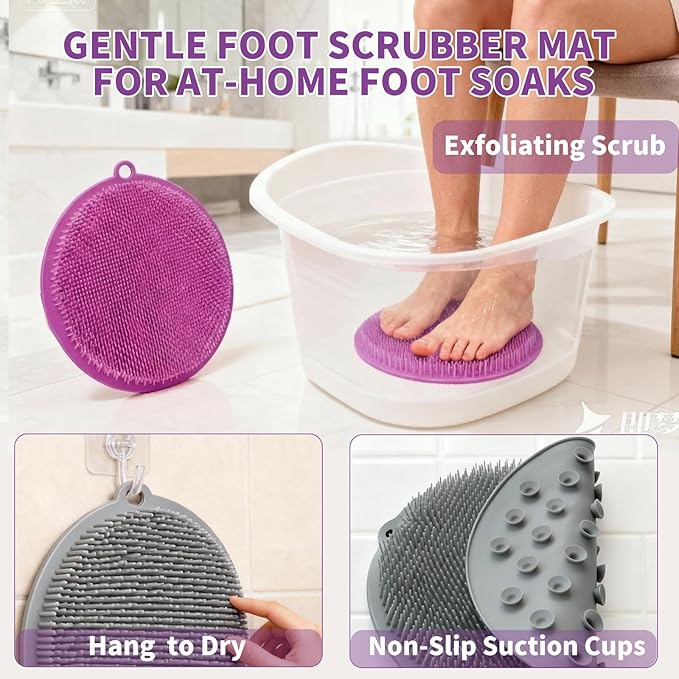 2 Pack Shower Foot Scrubber & Shower Back Scrubber Wall Mounted with Delicate Brush,Gentle Exfoliation Non-Slip Foot Scrubber Mat (Gray and Purple)