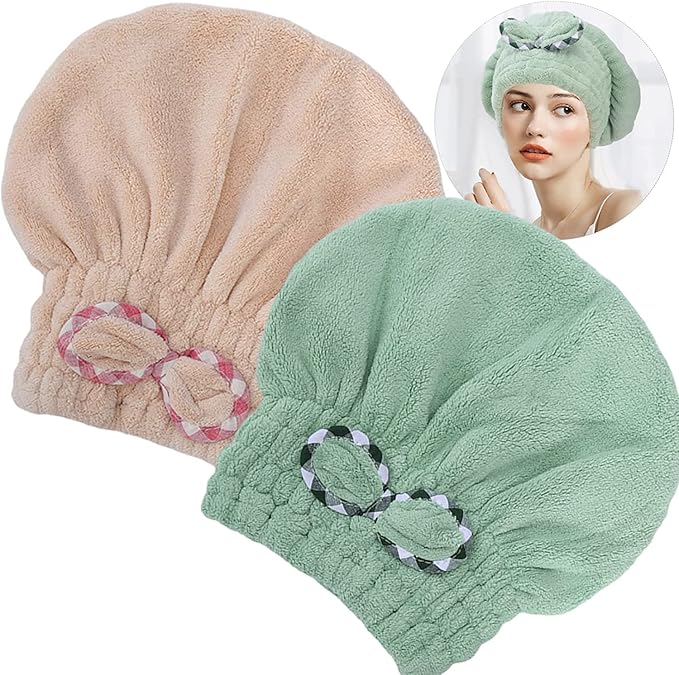 2Pcs Microfiber Hair Drying Cap,Hair Towel Cap,Fast Coral Velvet Hair Drying Towel with Bow-Knot,Quick Dry Fast Drying Hair Caps for Women,Soft Absorbent Cap for Wet Hair Long Thick Hair(Khaki+Green)