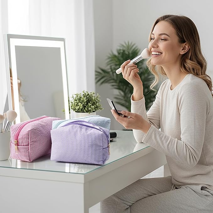 Sanwuta 12 Pcs Seersucker Cosmetic Bags Bulk Seersucker Makeup Bags Stripe Women Pouch Large Preppy Storage Pouch Toiletry Travel Organizer for Wedding Bridesmaid Bride Favor Mom Gift (Neutral)