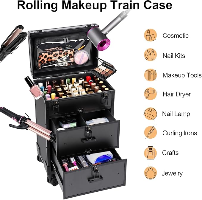3 in 1 Rolling Makeup Case, Professional Cosmetology Case on Wheels with 2 Drawers, Ideal Gift for Hairstylist, Nail Techs, 3 Tiers Portable Beauty Organizer Case for Travel or Salon Use, Black