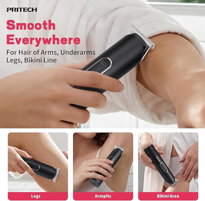 PRITECH Hair Trimmer for Women - Rechargeable Bikini Trimmer for Women Pubic Hair, Wet&Dry Use, Pain-Free Electric Razor&Shaver with Standing Recharge Dock, Ideal Gift, Black