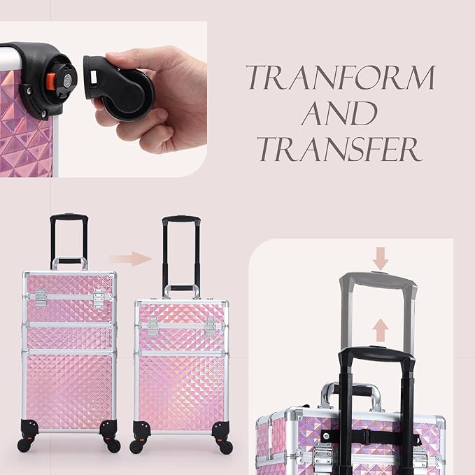 Adazzo 3 in 1 Professional Rolling Makeup Train Case Aluminum Trolley Case with 360° Rotation Wheels for Makuep Artist Cosmetic Suitcase Organizer with Lock and Key Diamond Pattern - Pink