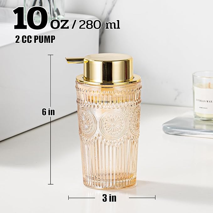 Gold Glass Foaming Soap Dispenser - Hand Soap Foam Dispenser for Bathroom, 10 OZ Refillable Dish Liquid Foam Hand Wash Dispenser for Kitchen