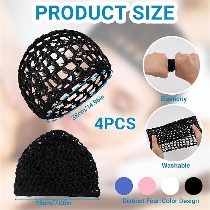 4 PCS Hair Nets for Sleeping, Crochet Hair Wrap Net with Lift Strap, Silk Press Sleep Mesh Cap for Women, Reusable Mesh Bonnet for Curly, Straight Hair & Wig Protection (Black, White, Blue, Pink)
