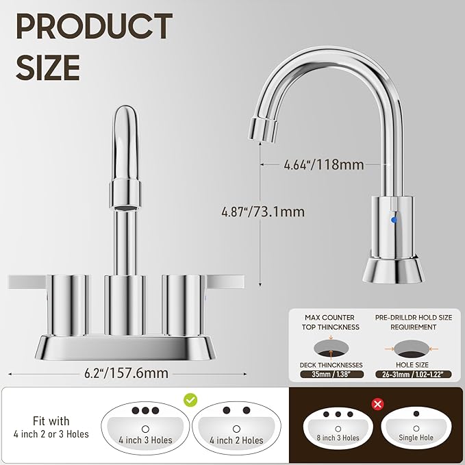 Phiestina 4 Inch Centerset 2 or 3 Holes 2 Handle Chrome Lead-Free Bathroom Faucet, Swivel Spout with Copper Pop Up Drain and 2 Water Supply Lines, BF015-1-C