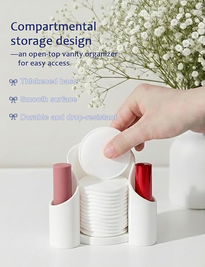 White 3-Compartment Vanity Organizer & Cotton Swab Holder - Small Minimalist Plastic Box for Jewelry, Floss Picks & Hair Accessories - Open Front Countertop Display
