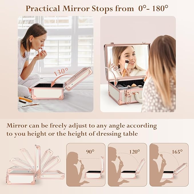 Makeup Train Cases with Light Up Mirror 3 Color Setting, Lighted Makeup Case Organizer with Detachable Tray, Travel Makeup Box with Light for Make up Tools Storage (White & Gold)