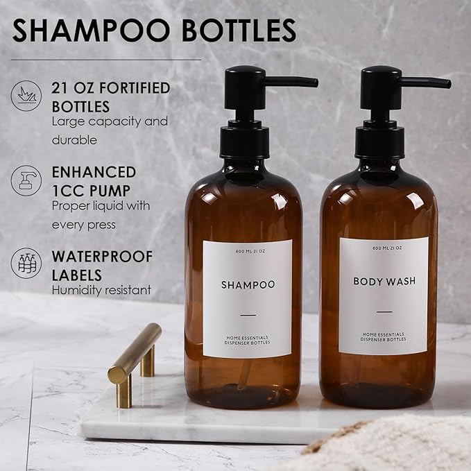HOMCDALY Shampoo and Conditioner Dispenser, 21oz 3-Pack Refillable Shampoo and Conditioner Bottles, Shower Soap Bottles with Pump and Labels, Bathroom Shower Dispenser（21oz-Brown）