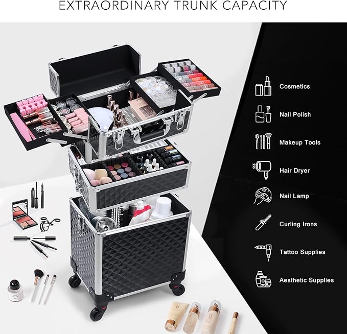 FRENESSA 3 in 1 Rolling Makeup Train Case Professional Cosmetic Trolley Large Storage with Keys Swivel Wheels Salon Barber Case Traveling Cart Trunk for Make Up Hairstylists Nail Tech, Vintage Black