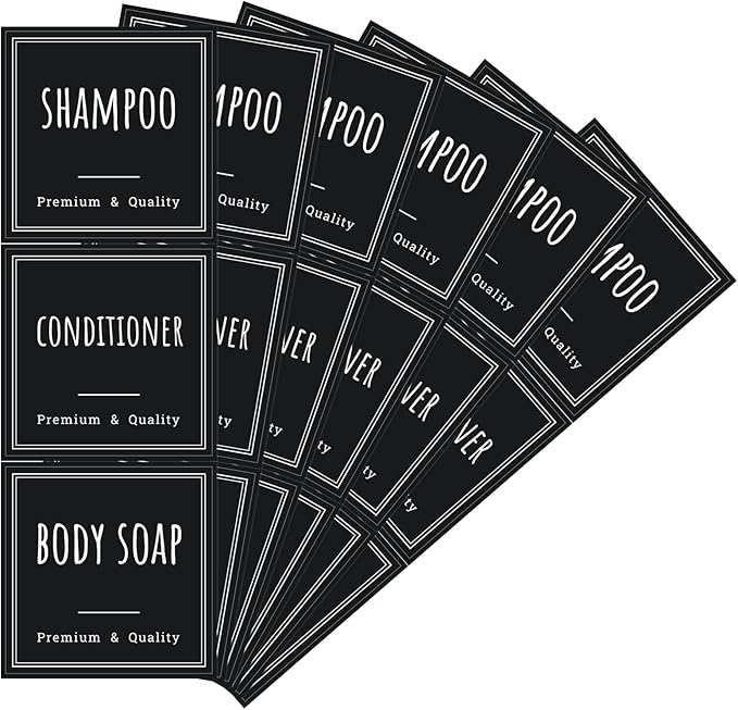 Segbeauty Soap Dispenser Labels, 18pcs Bathroom Waterproof Labels for Bottles, Black Removable Self-Adhesive Cleaning Bottle Label Stickers Printed with Shampoo Conditioner Body Soap