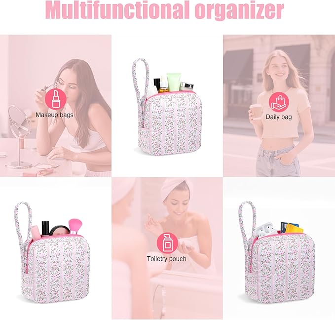 Small Makeup Bag | Discreet Period Bag Pad Pouch for Purse| Sanitary Napkin Storage & Tampon Holder for Travel (Cute flower pink)