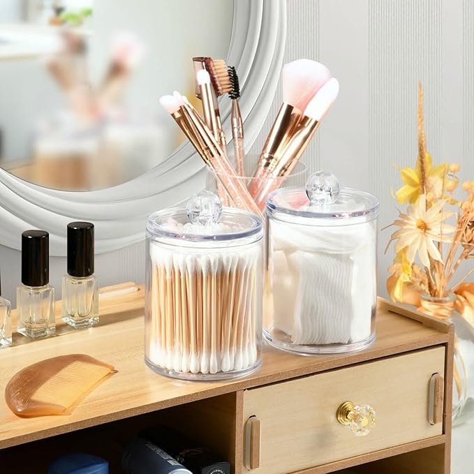 White Qtip Holder Organizer Dispenser Cotton Swabs Cans Plastic Jars with Lid Set 2 Pack Bathroom Storage Canister for Cotton Ball Floss Cotton Pads