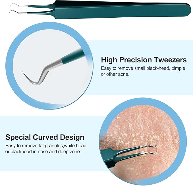 Blackhead Remover Tools Pimple Popper Tool Kit Comedones Extractor Acne Removal Kit for Whitehead, Blemish, Popping. 5pcs Pimple Extractor with Blackhead Tweezers for Nose Face