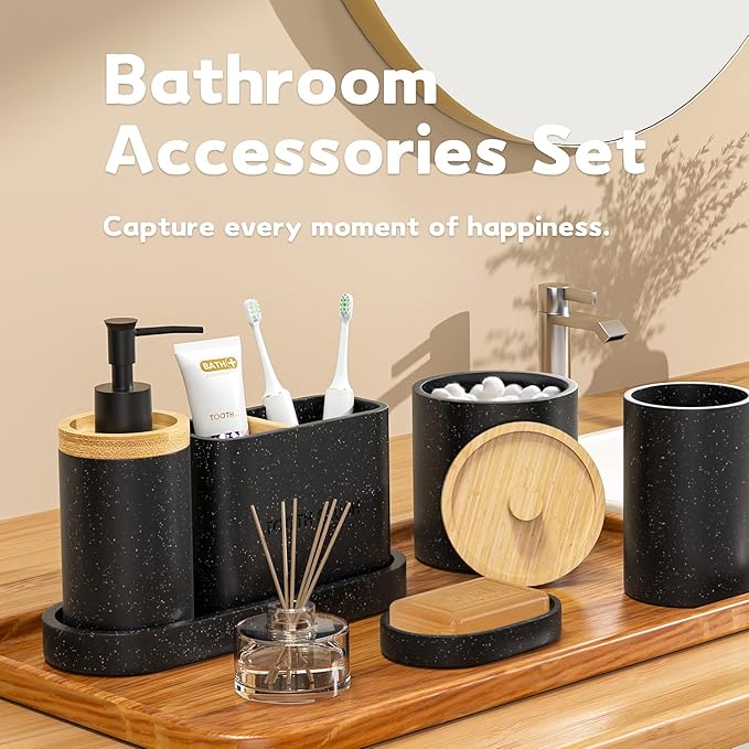 20PC Black Modern Bathroom Accessories Set with Shower Curtain, Toothbrush Holders, Soap Dispenser, Vanity Tray, Cotton Swab Jars, Bathroom Decor Organizer
