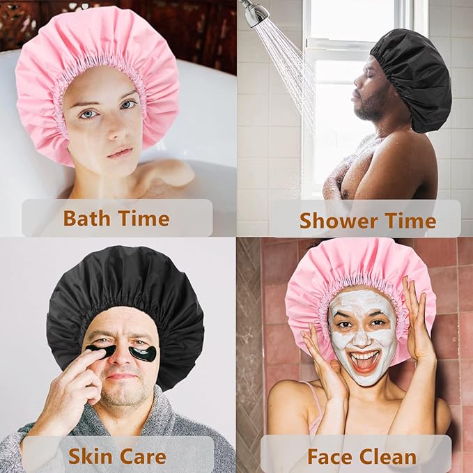 Adjustable Shower Caps for Women Reusable Waterproof Satin Lining Large Shower Cap for Women and Men Long Hair Braids Curly Hair (L,Black/Champagne)