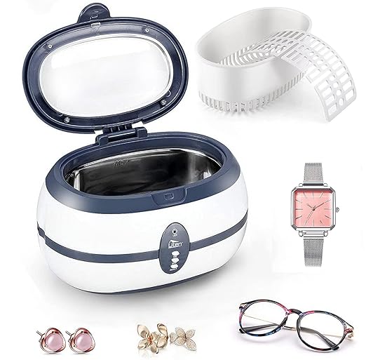 Ultrasonic Jewellery Cleaner, 40kHz Professional Cleaner Ultrasonic Machine with Carry Holder, Cleaning Basket for Jewelry, Rings, Eyeglasses, Watches, Silver (600 ml)
