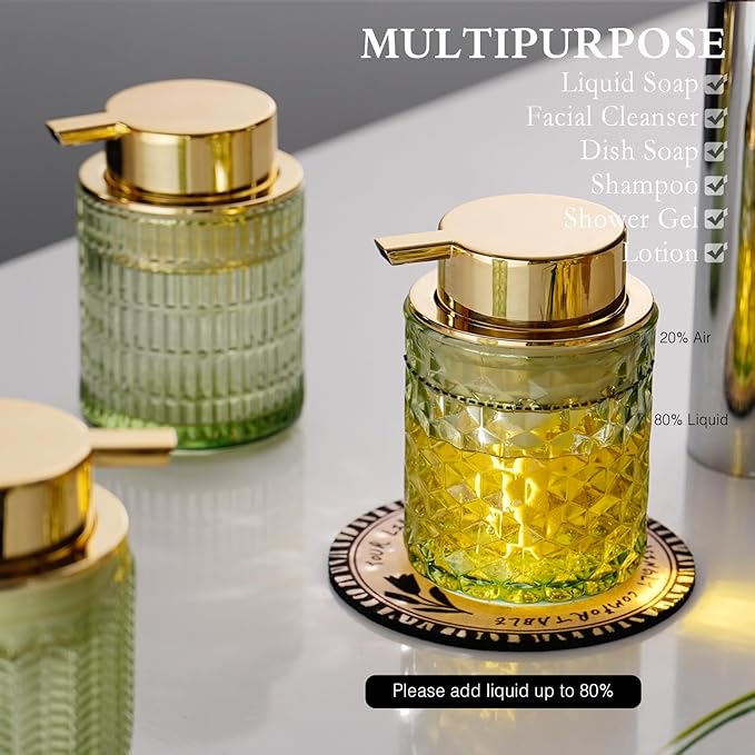 Hand Soap Dispenser Glass, Refillable Liquid Dispenser for Bathroom & Kitchen,Lotion Dispenser with Large Gold Pump（Diamond Pattern-Green）